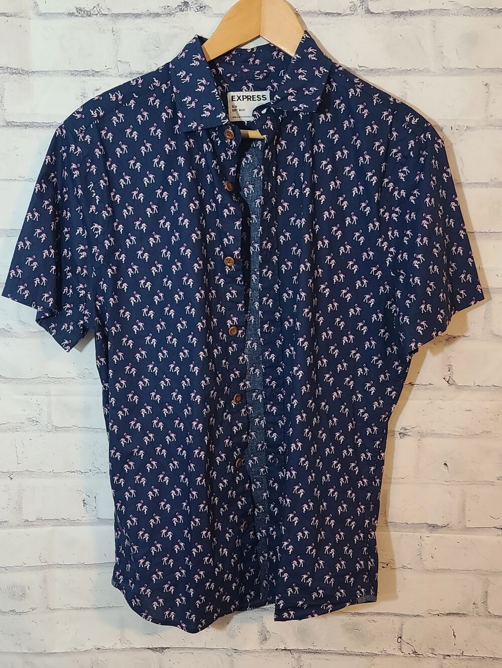 Express Men's Slim Flamingo Short Sleeve Button-Up Shirt Blue Floral Print M